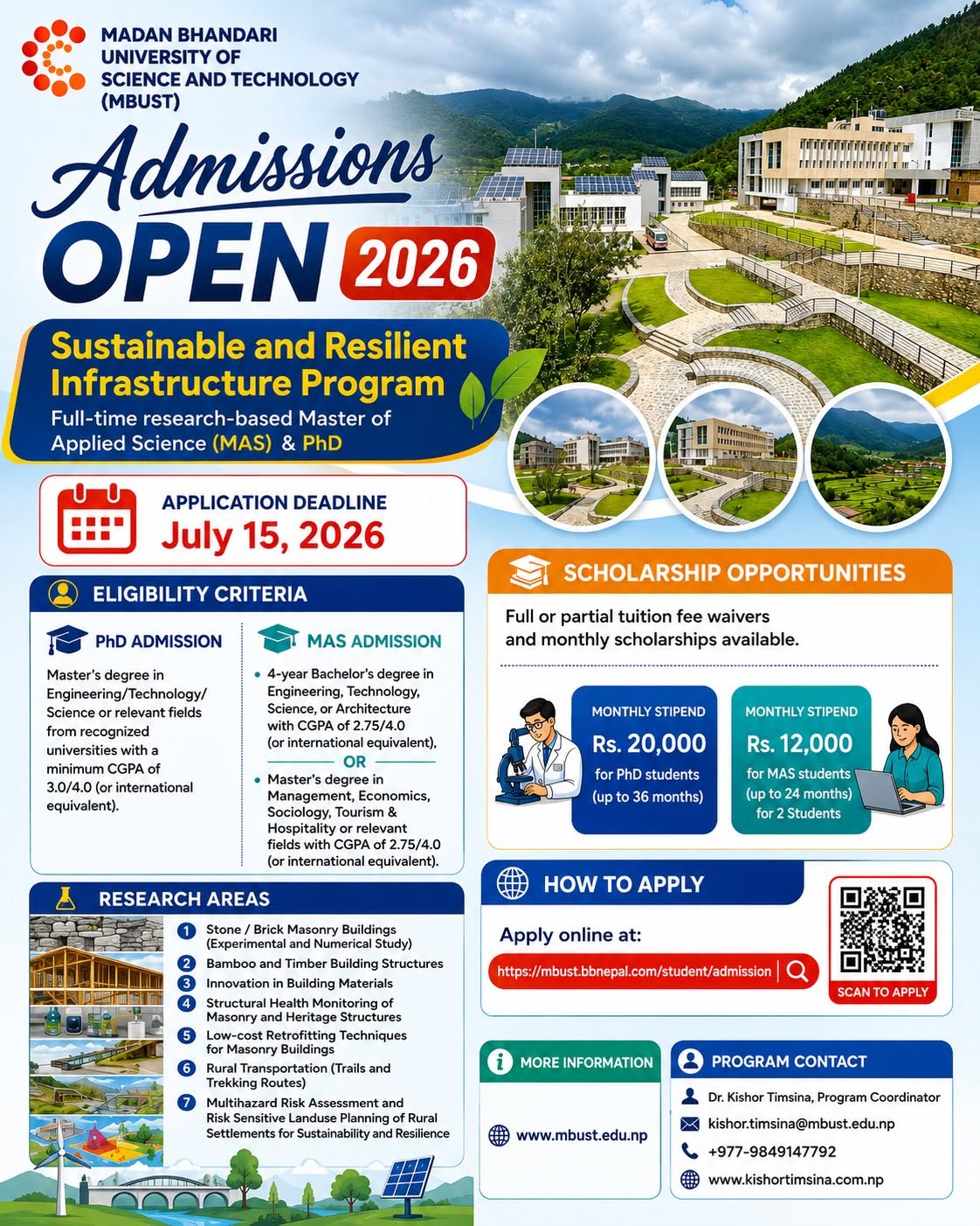 <p><strong>PhD Program:</strong></p>
<p>Master's degree in Engineering/Technology/Science/Architecture or other relevant fields<br>from recognized universities with CGPA of 3.0/4.0 (or international equivalent).</p>
<p><strong>MAS Program:</strong></p>
<p>Four-year Bachelor's degree in Engineering/ Technology/ Science/<br>Architecture from recognized universities with CGPA of 2.75/4.0 (or<br>international equivalent) or<br>Master's degree in Management/ Economics/ Sociology/ Tourism &amp;<br>Hospitality or other relevant fields with CGPA of 2.75/4.0 (or<br>international equivalent)</p>